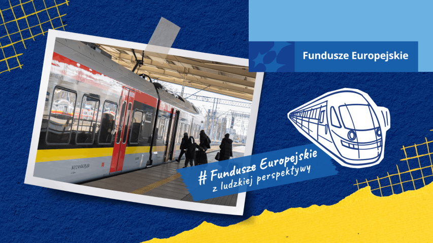 Grafika o Funduszach Europejskich: zdjęcie nowoczesnego pociągu przy peronie, do którego wsiadają pasażerowie. Na niebiesko-żółtym tle napis „Fundusze Europejskie”.
