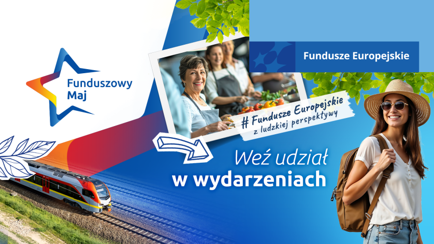 Grafika promuje Funduszowy Maj i Fundusze Europejskie. Na tle liści i nieba widać pociąg, turystkę z plecakiem oraz zdjęcie uczestników warsztatów z hasłem zachęcającym do udziału.