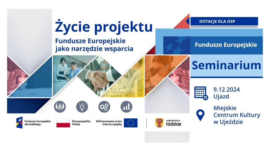 kolarz zdjęć: ręka trzmająca puzel, kobieta i meżczyzna dyskutująca przy komputerze, ręce w uścisku, kobieta w laboratorium. Dodatkowo napisy życie projektu Fundusze Europejskie jako narzędzie wsparcia, dotacje dla osp, seminarium, 9.12.2024 ujazd, Miejskie Centrum Kultury w Ujeździe. Na dole zestawienie znaków unijnych