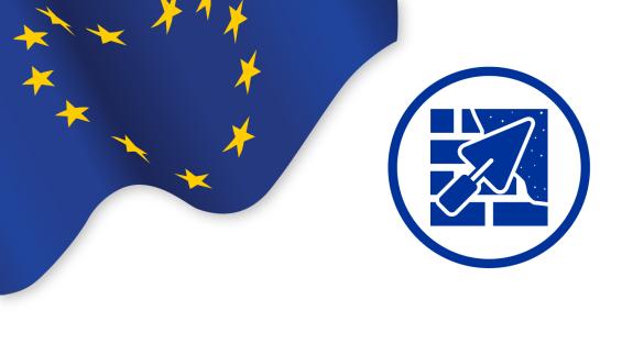 Flaga Unii Europejskiej oraz symbol ceglanego muru oraz kielni w granatowym okręgu